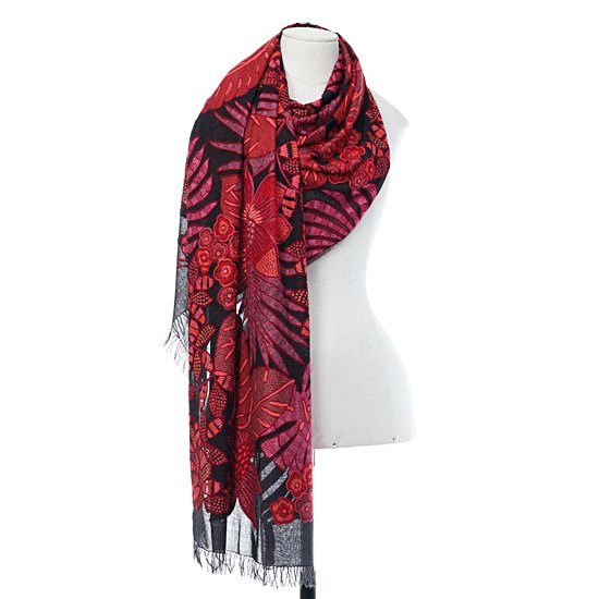 Red Dream Flower Motif Lightweight Wool & Silk Allie Hand Embroidered Stole (Off Black/Red)