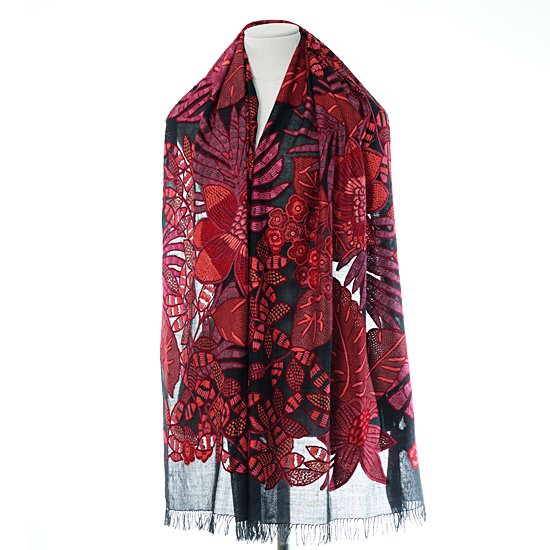 Red Dream Flower Motif Lightweight Wool & Silk Allie Hand Embroidered Stole (Off Black/Red)