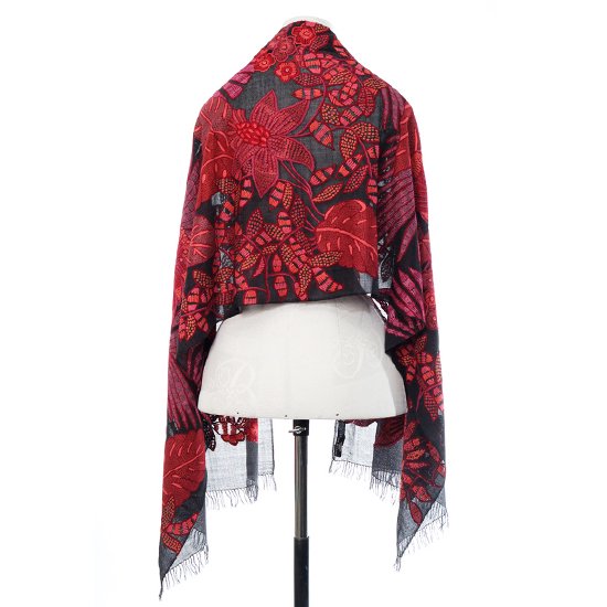 Red Dream Flower Motif Lightweight Wool & Silk Allie Hand Embroidered Stole (Off Black/Red)