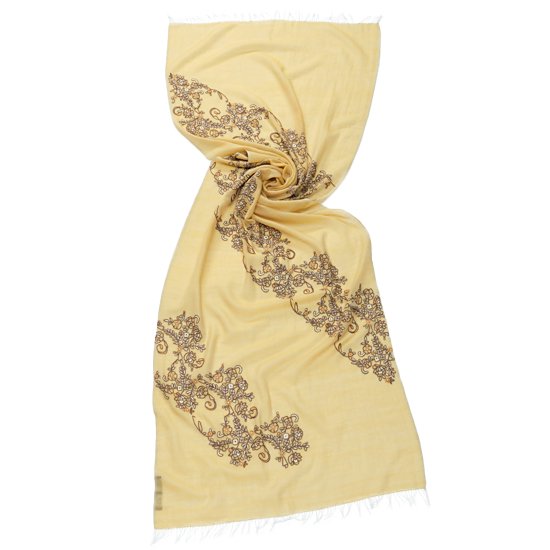 ニューレースフラワーモチーフ 薄手ウール&シルク アリー手刺繍ストール (イエロー)