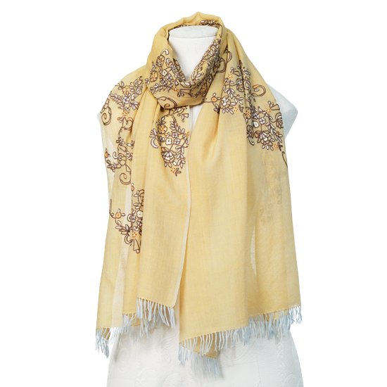ニューレースフラワーモチーフ 薄手ウール&シルク アリー手刺繍ストール (イエロー)