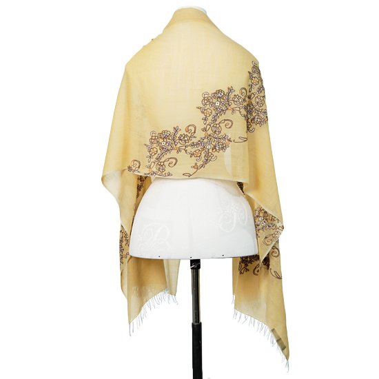 ニューレースフラワーモチーフ 薄手ウール&シルク アリー手刺繍ストール (イエロー)