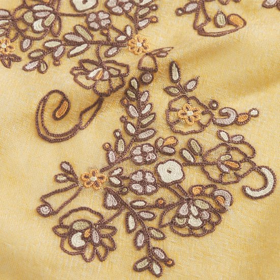 ニューレースフラワーモチーフ 薄手ウール&シルク アリー手刺繍ストール (イエロー)