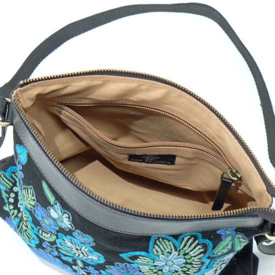 Arry hand-embroidered flower motif shoulder bag 21 cm x 31 cm (black/blue)