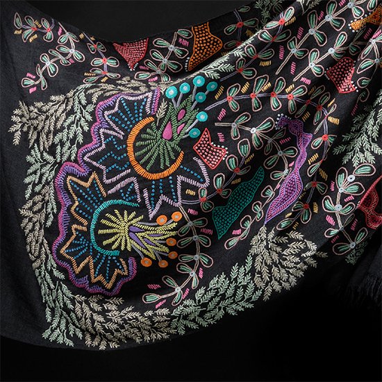 Wool & Silk Hand Embroidered Stole (Off Black)