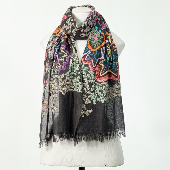 Wool & Silk Hand Embroidered Stole (Off Black)