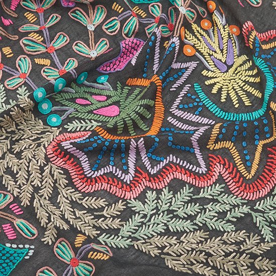 Wool & Silk Hand Embroidered Stole (Off Black)
