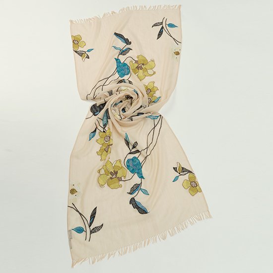 Flower wool and silk hand-embroidered stole (light beige)