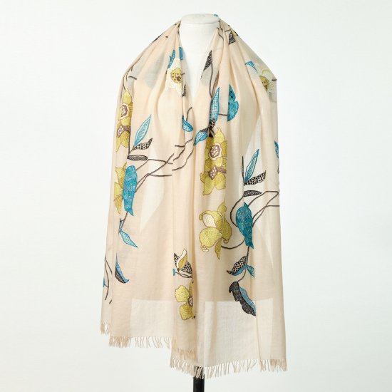 Flower wool and silk hand-embroidered stole (light beige)