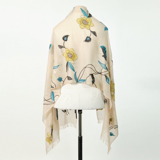 Flower wool and silk hand-embroidered stole (light beige)