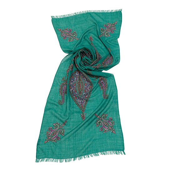 Lightweight wool and silk hand-embroidered stole (green)