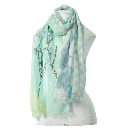 TARA BLANCA Original Print & Ally Hand Embroidered Stole (Light Green)