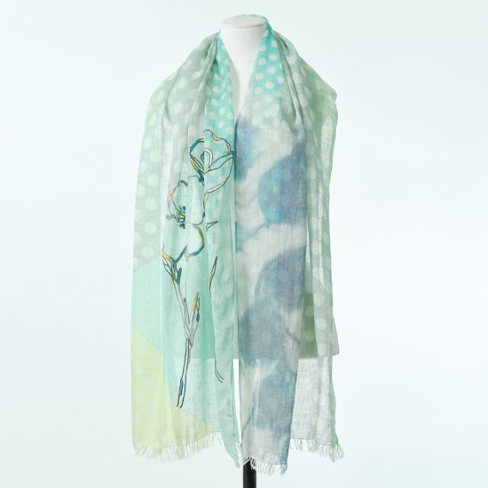 TARA BLANCA Original Print & Ally Hand Embroidered Stole (Light Green)