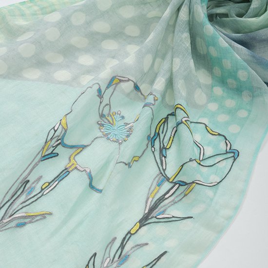 TARA BLANCA Original Print & Ally Hand Embroidered Stole (Light Green)