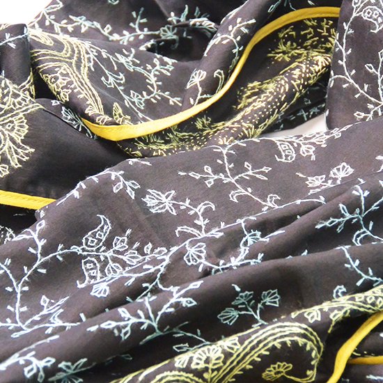 シルク ニードル手刺繍ストール (ブラック/グレー)