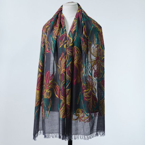 Graphic Flowers Lightweight Wool & Silk Allie Hand Embroidered Stole (Dark Grey)