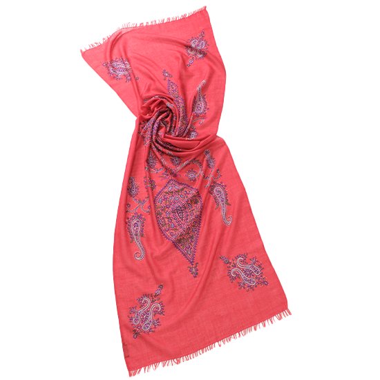Wool & Silk Needle Embroidered Stole (Red)