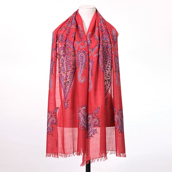 Wool & Silk Needle Embroidered Stole (Red)