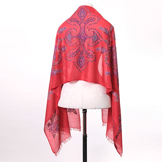 Wool & Silk Needle Embroidered Stole (Red)