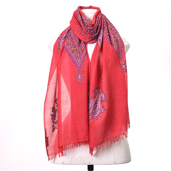 Wool & Silk Needle Embroidered Stole (Red)