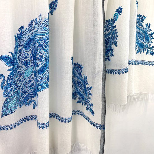 Wool & Silk Needle Hand Embroidered Stole (White/Turquoise) S-WTN2514_0278