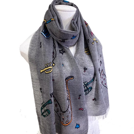 JAZZ pattern wool/silk Allie hand embroidered stole 40cm wide (greige) S-WTA2555JZ_0162