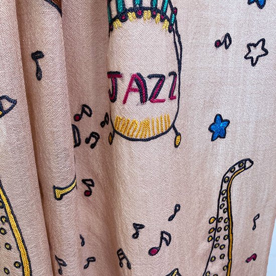 JAZZ pattern wool/silk Allie hand embroidered stole 40cm wide (beige) S-WTA2555JZ_0151