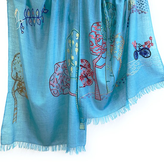 Peace On Earth Wool/Silk Hand Embroidered Stole (Turquoise) S-WTA2557_0009