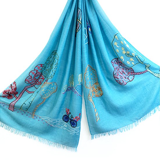 Peace On Earth Wool/Silk Hand Embroidered Stole (Turquoise) S-WTA2557_0009