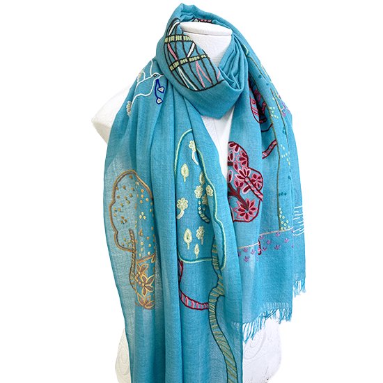 Peace On Earth Wool/Silk Hand Embroidered Stole (Turquoise) S-WTA2557_0009