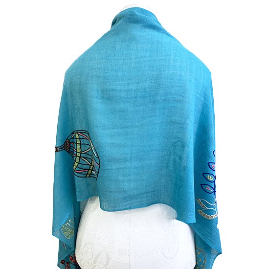 Peace On Earth Wool/Silk Hand Embroidered Stole (Turquoise) S-WTA2557_0009
