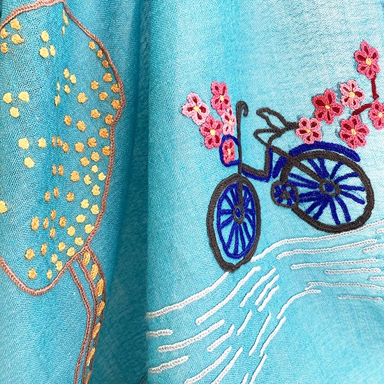 Peace On Earth Wool/Silk Hand Embroidered Stole (Turquoise) S-WTA2557_0009