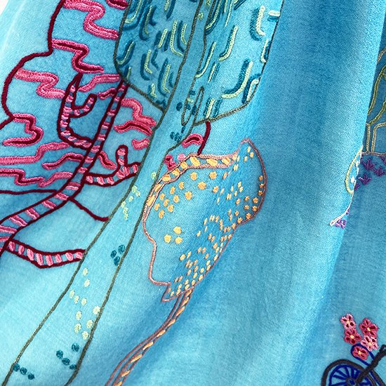 Peace On Earth Wool/Silk Hand Embroidered Stole (Turquoise) S-WTA2557_0009