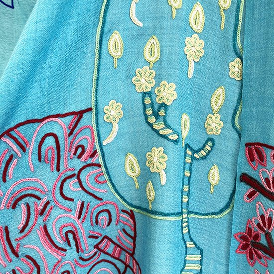 Peace On Earth Wool/Silk Hand Embroidered Stole (Turquoise) S-WTA2557_0009