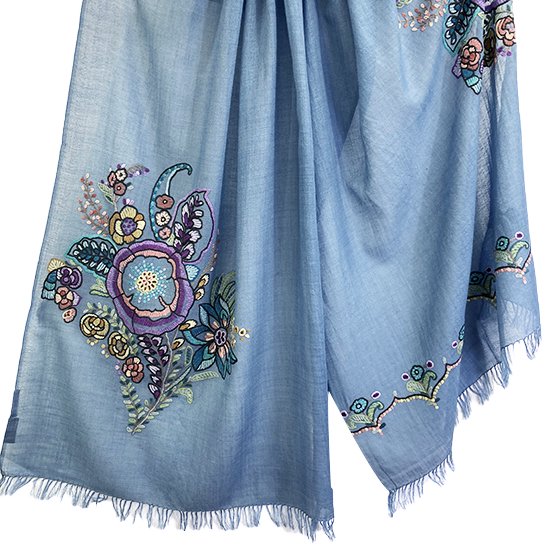 Floral motif lightweight wool and silk Allie hand embroidered stole (blue grey)