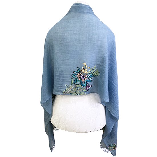 Floral motif lightweight wool and silk Allie hand embroidered stole (blue grey)
