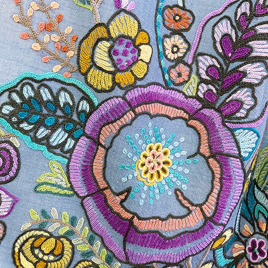 Floral motif lightweight wool and silk Allie hand embroidered stole (blue grey)