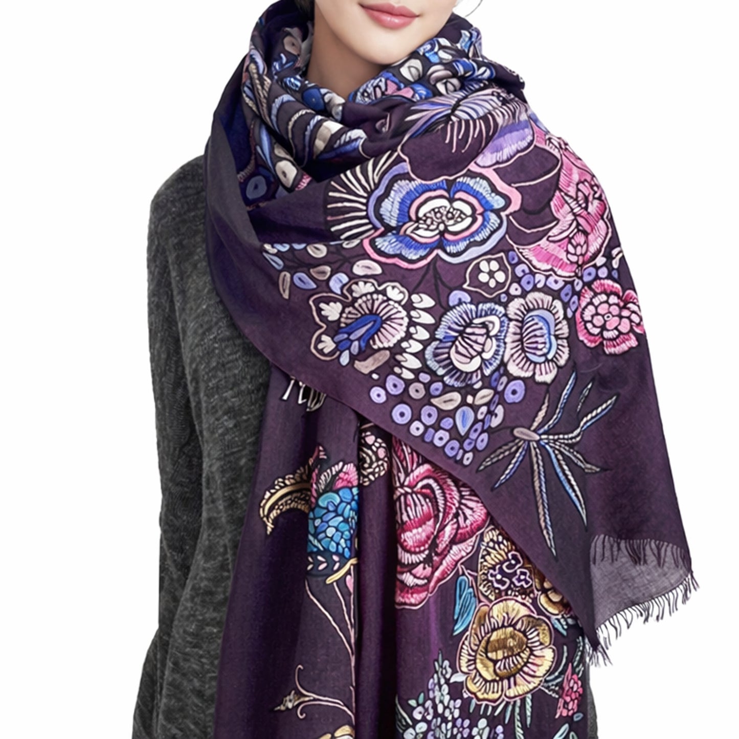 エキゾチックフラワー ウール&シルク アリー手刺繍ストール (ディープパープル)