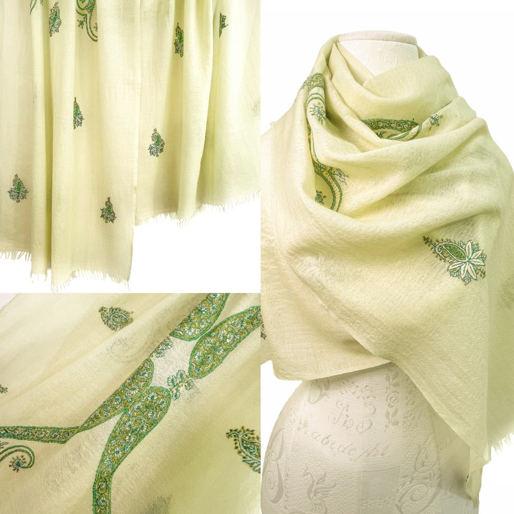 Wool &amp; Silk Needle Hand Embroidered Stole (Apple Green) S-WTN2510_0065