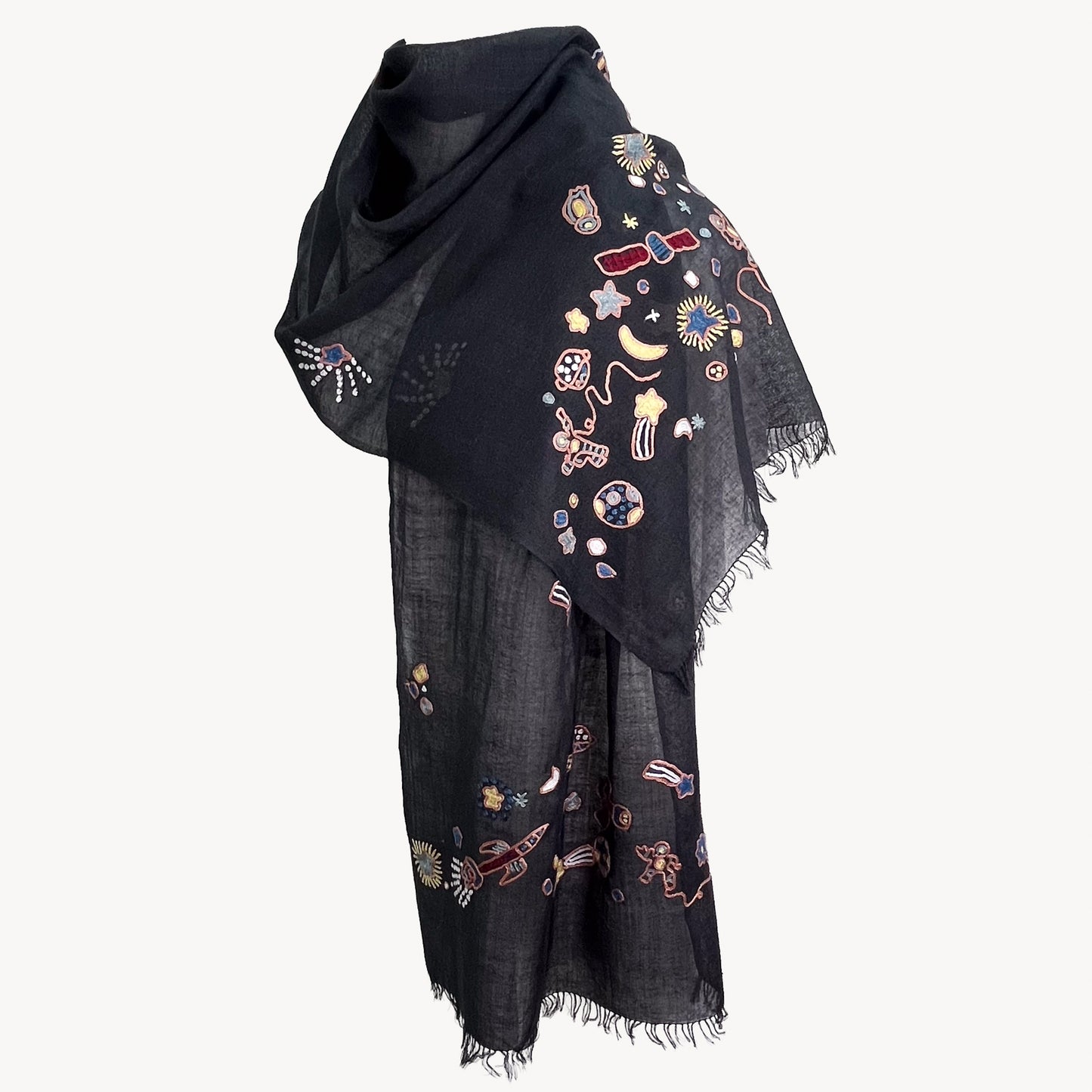 Space Odessey 薄手ウール&シルク アリー手刺繍細幅ストール