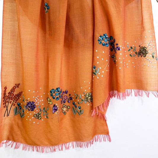 Floral motif lightweight wool and silk Allie hand embroidered stole (orange)