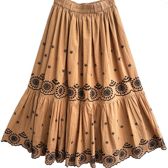 Cutwork &amp; Machine Embroidery Gathered Skirt (Camel) G-V0008SK_0154
