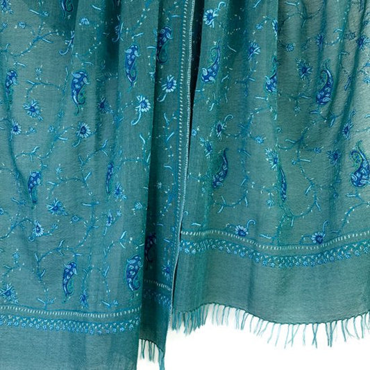 Wool & Silk Needle Embroidered Stole (Green/Turquoise)