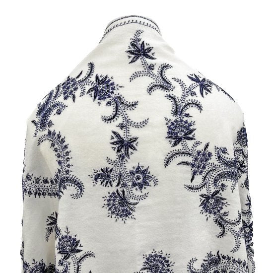 Wool needle-embroidered stole (white/navy)