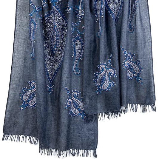 Lightweight wool &amp; silk hand-embroidered stole (dark gray/turquoise)