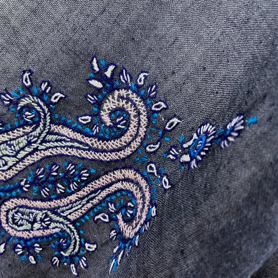 Lightweight wool &amp; silk hand-embroidered stole (dark gray/turquoise)