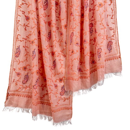 Wool &amp; Silk Needle Embroidered Stole (Light Orange) 