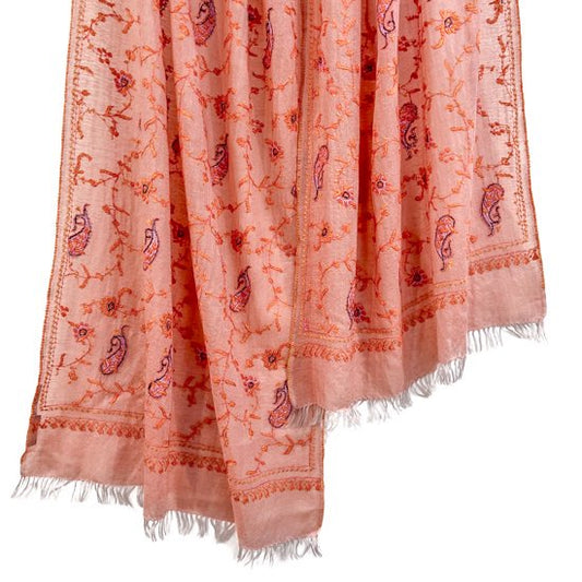 Wool &amp; Silk Needle Embroidered Stole (Light Orange) 