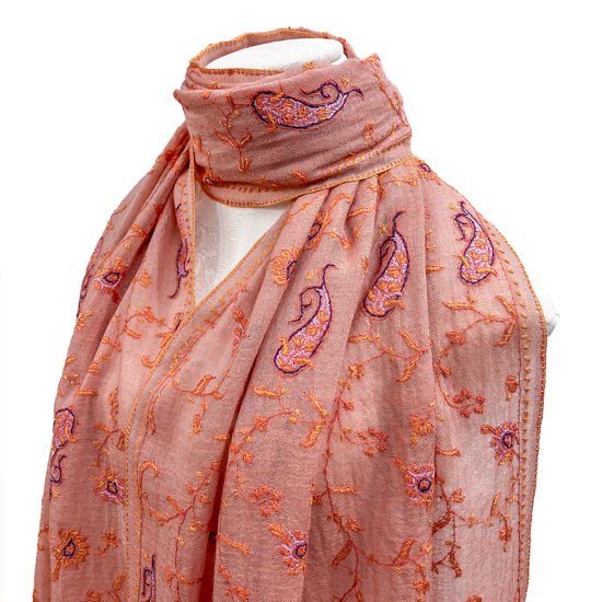 Wool &amp; Silk Needle Embroidered Stole (Light Orange) 