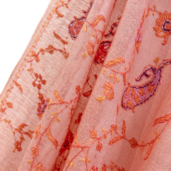 Wool &amp; Silk Needle Embroidered Stole (Light Orange) 